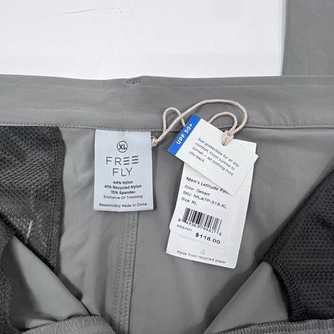 Free Fly Men's Latitude Pants Cement Gray UPF 50+ Stretch Technical NWT Sz XL