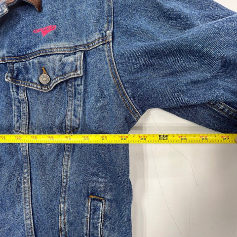 Vintage 90s Dunbrooke Mens Denim Trucker Jacket Leather Collar Flannel Lined L