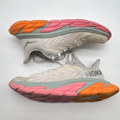 Hoka One One Clifton Edge White Grey Pink Orange Running Shoes Women's Size 7