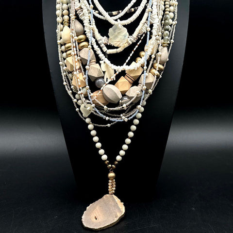 Bohemian Style Costume Jewelry Lot 3 Necklaces Wood Shell Geode Pendant