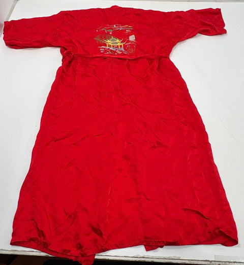 Vintage 80s Longevity Red Embroidered Pagoda Landscape Robe Kimono China Sz L