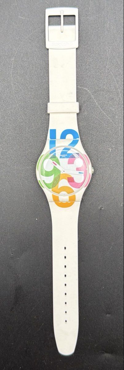 Swatch White Silicone Swiss Quartz Watch Colorful Dial