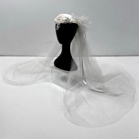 Vintage 80s Clara's Fashions Wedding Veil Lace Pillbox Cap Made in USA Sz OS