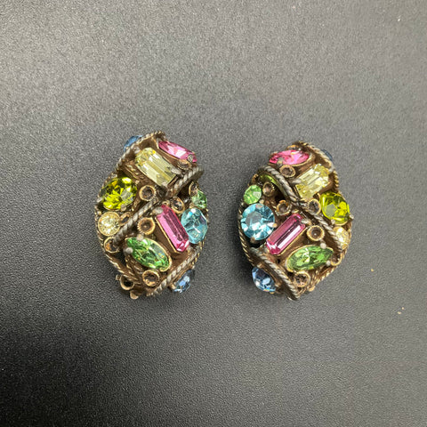 Vintage 1957 Hollycraft Multi-Color Rhinestone Clip On Earrings Gold Tone 1"