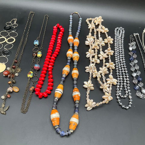 Vintage Modern Costume Jewelry Lot 10 Necklaces Shell Beaded Figural Pendants