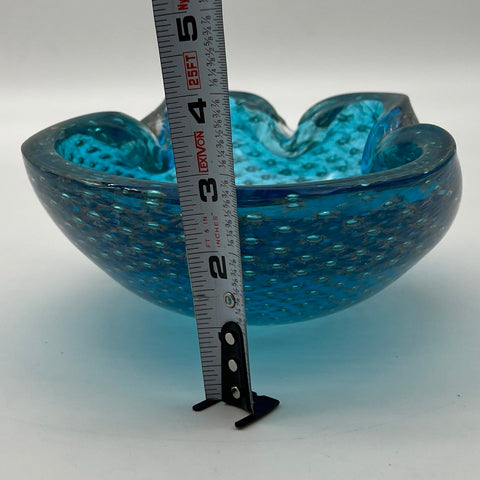 Art Glass Bowl Bullicante Controlled Bubble Blue Gold Aventurine 7 Inch Vintage