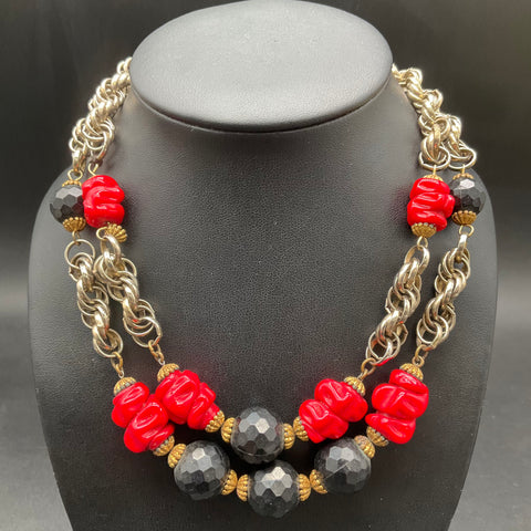 Vintage Double Strand Necklace Red Glass Black Plastic Beads Gold Tone 18"