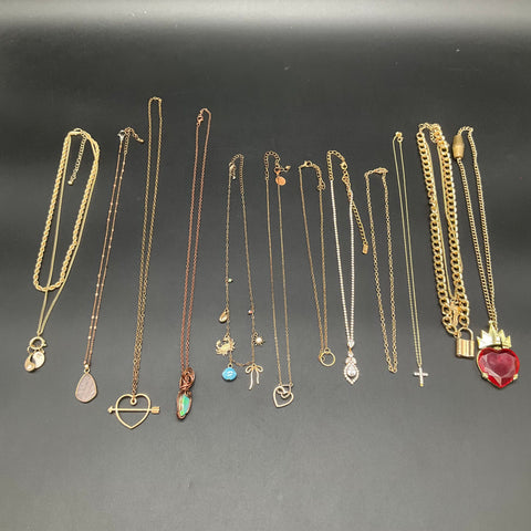 Fashion Costume Jewelry Lot 12 Gold Tone Charm Necklaces Heart Cross Rhinestone