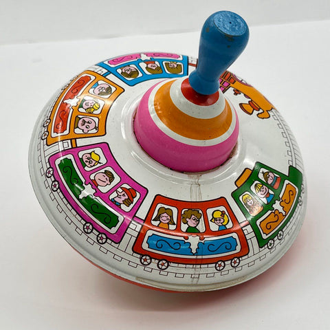 Vintage Ohio Art Tin Litho Spinning Top Lot 2 Piece Train Geometric Mid-Century