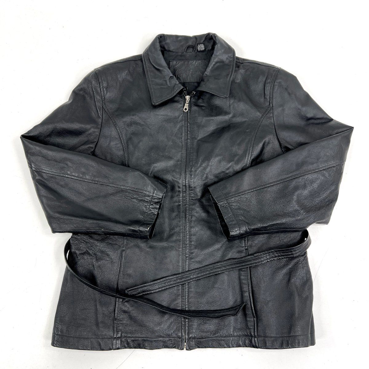 Vintage 90s Jacqueline Ferrar Belted Black Leather Jacket Sz XL