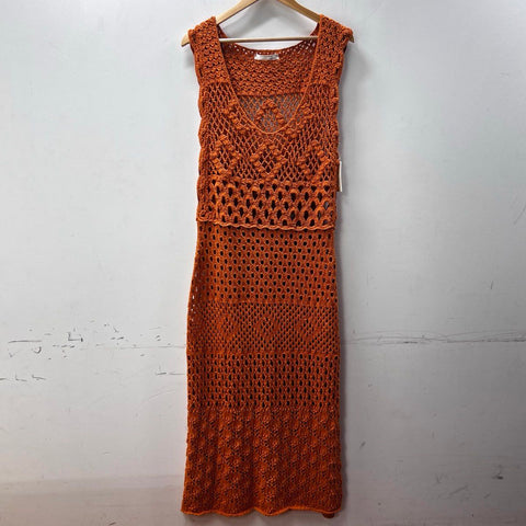 By Anthropologie Women's Rust Orange Crochet Open Knit Maxi Dress Sz L NWT