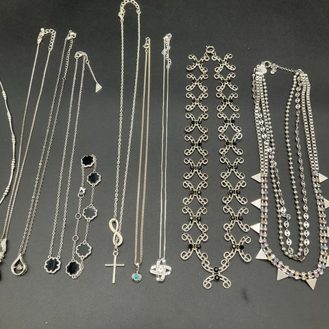 Silver Tone Fashion Jewelry Lot of 14 Necklaces 1928 Brand Heart Rhinestones
