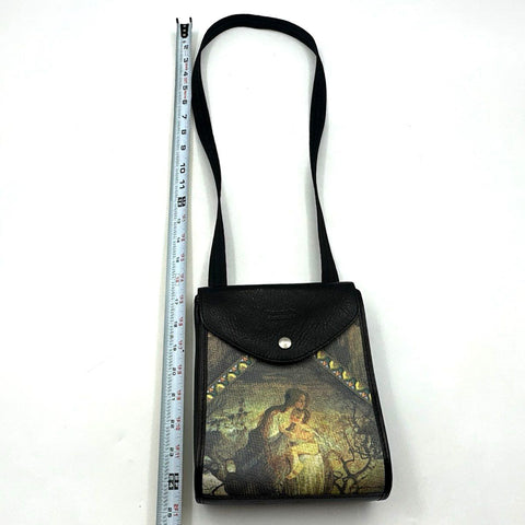 Pierangelo Masciadri Black Leather Silk Art Print Crossbody Bag Made in Italy