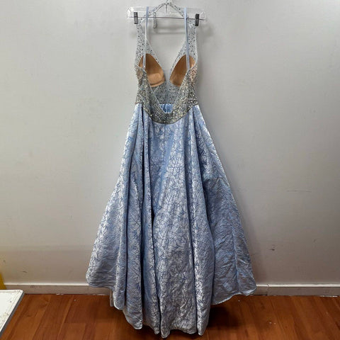 Morilee 43075 Blue Silver Beaded Bodice Halter Prom Gown Dress Women's 16