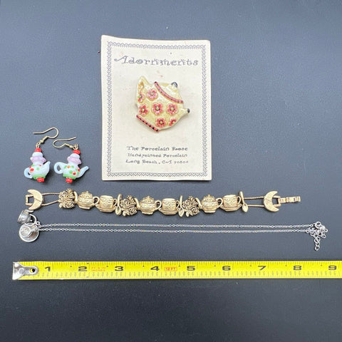 Porcelain Rose Vintage Teapot Jewelry Lot of 4 Brooch Necklace Bracelet Earrings