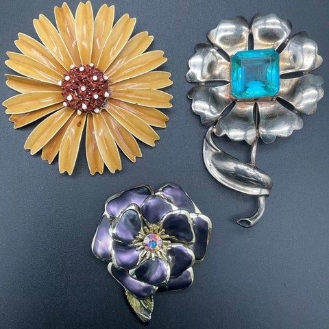 Vintage Lot of 3 Large Floral Brooches Enamel Rhinestone Statement Jewelry