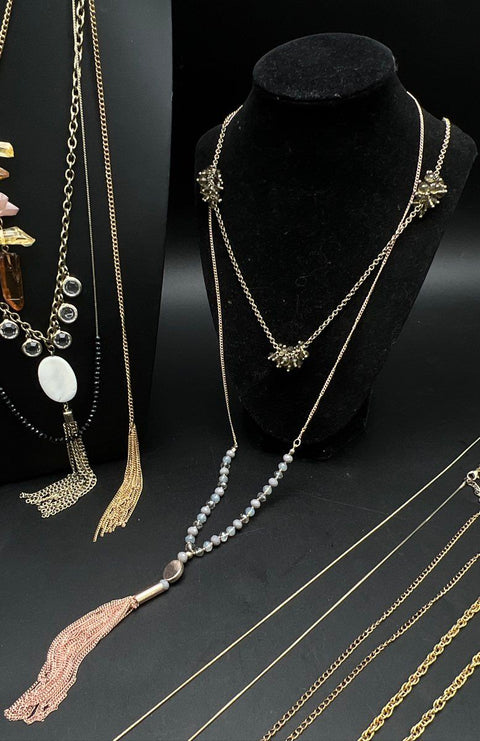 Mixed Costume Jewelry Lot 10 Necklaces Gold Tone Pendants Tassels Charms