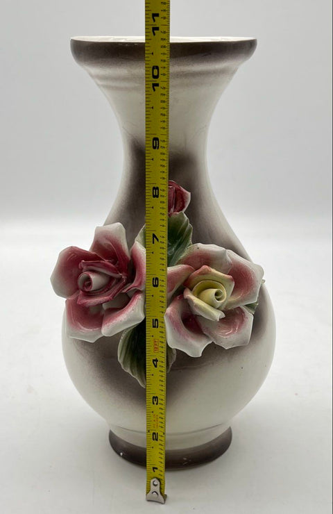 Capodimonte Italy Porcelain Vase Applied 3D Roses Italian Art Pottery Vintage