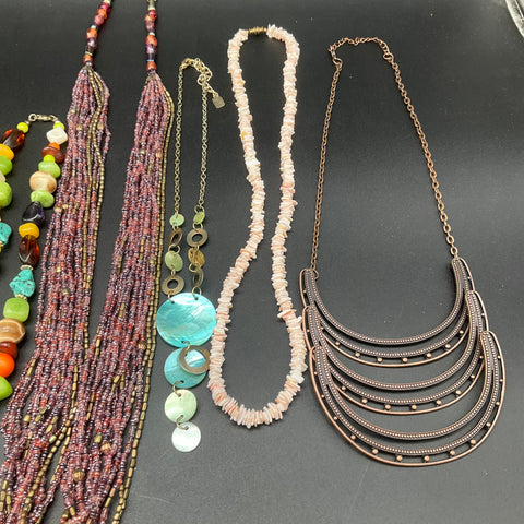 Statement Necklace Jewelry Lot 9pc Beaded Shell Enamel Wood Boho Vintage Style