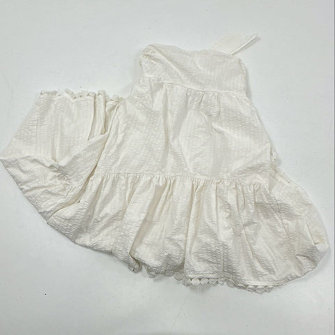 Maeve Anthropologie Women's White Tiered High-Low Seersucker Pom Pom Dress Sz L