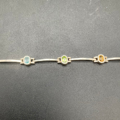 Silver Tone Multi Gemstone Link Bracelet 7" Magnetic Base Metal Marked 925