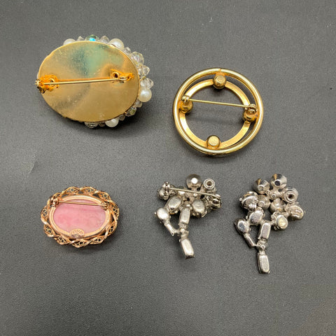 Vintage Costume Brooch Lot of 5 Rhinestone Faux Pearl 12K Gold Filled Pins