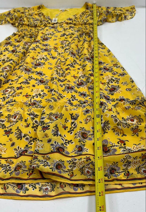 Max Studio Yellow Floral Flutter Sleeve Smocked Midi Dress Women's M NWT