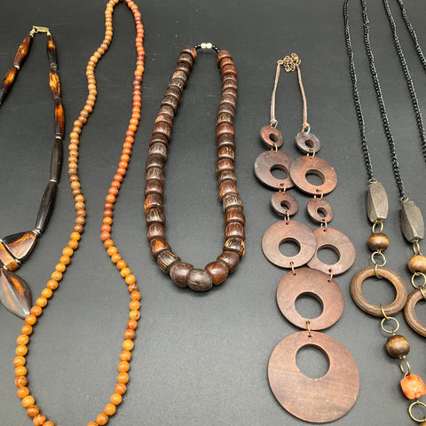 Vintage Boho Natural Wood Beaded Statement Necklaces Jewelry Lot of 7