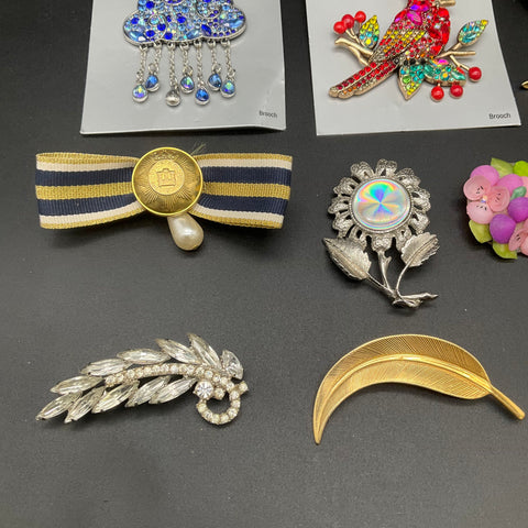 Vintage and Modern Costume Jewelry Brooch Pin Lot of 12 Rhinestone Floral Bird