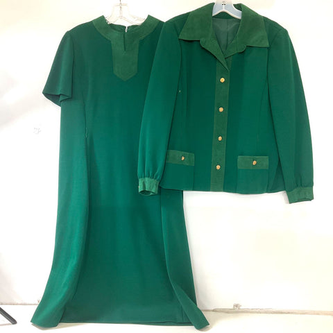 Abe Schrader by Belle Saunders Green Dress & Jacket Set Suede Trim Sz 18 Vintage