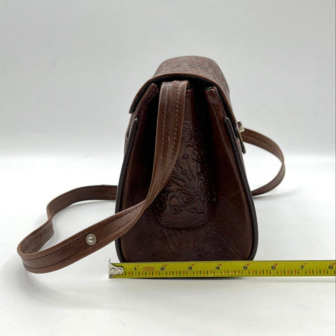 Vintage Brown Hand Tooled Floral Leather Western Crossbody Shoulder Bag