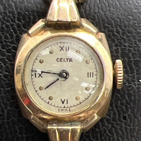 Vintage Mid-Century Celta Swiss Ladies Watch 1/20 12K Gold Filled Rhinestone