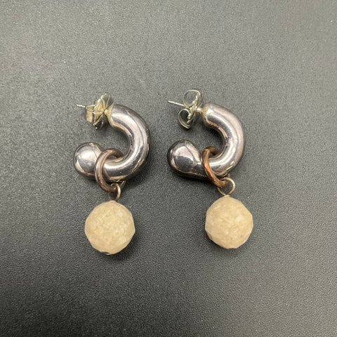 Faceted Cream Stone Jewelry Set Toggle Necklace and Drop Hoop Earrings Suite