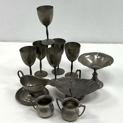 Vintage Pewter 12 Piece Lot Goblets Creamer Sugar Gravy Boat Compote Basket