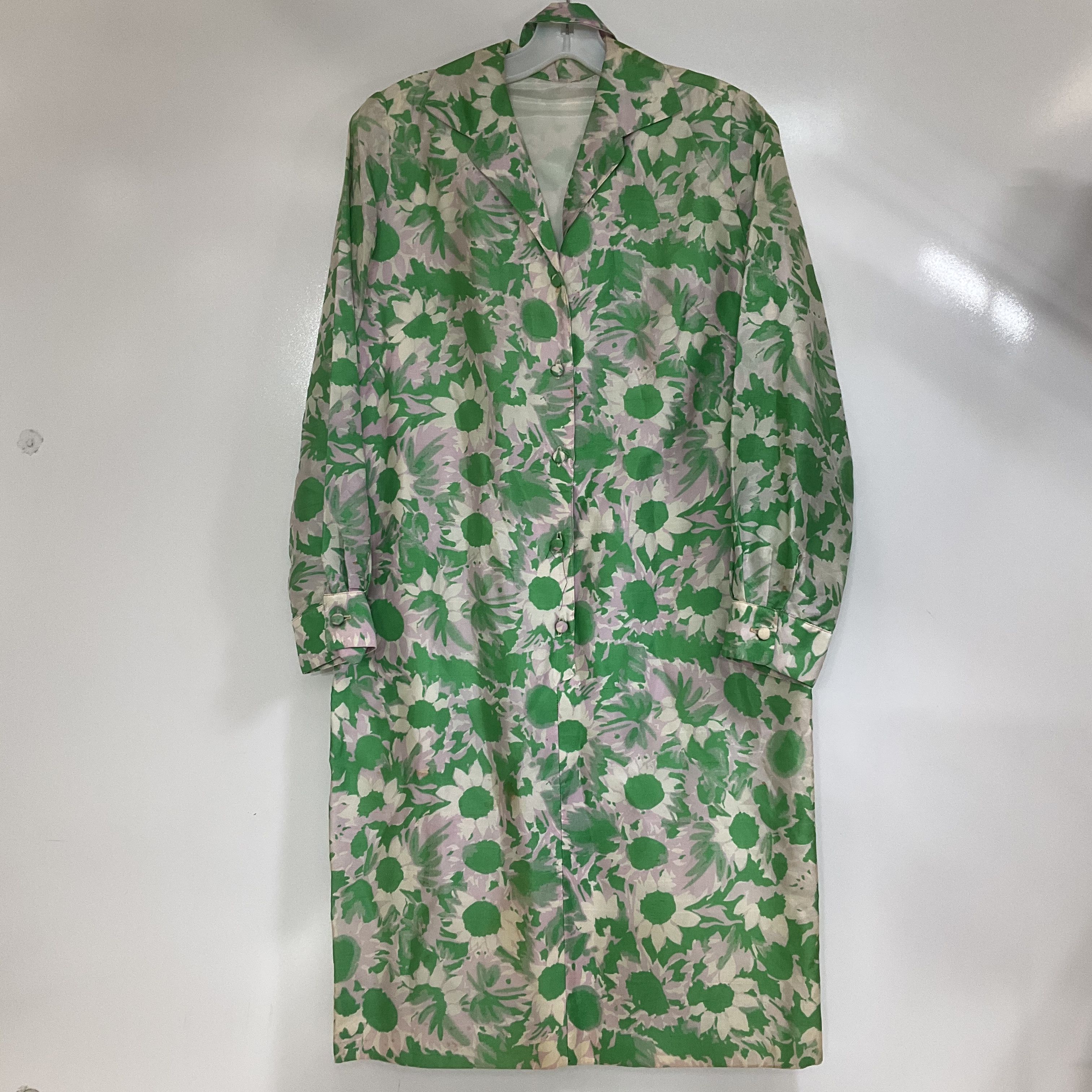 Vintage 1960s Handmade Silk Shantung Floral Two-Piece Dress Skirt Set Green