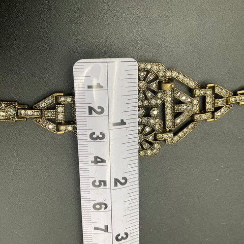 Graziano Art Deco Style Antiqued Brass Tone Rhinestone Link Bracelet 8.5"