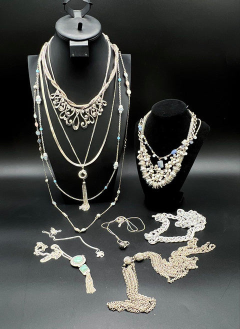 Vintage & Modern Silver Tone Jewelry Lot 10 Necklaces Bib Tassel Napier Boho