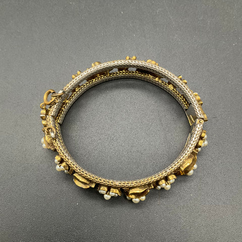 Vintage Florenza Gold Tone Faux Pearl Hinged Bangle Bracelet Floral 7"