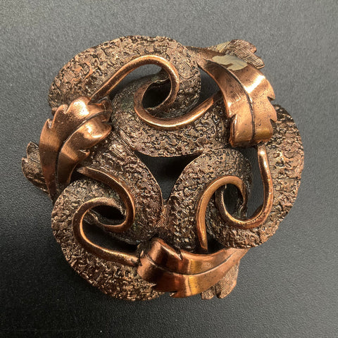 Vintage Tortolani Copper Tone Stylized Leaf Swirl Circular Brooch Pin 2 Inch