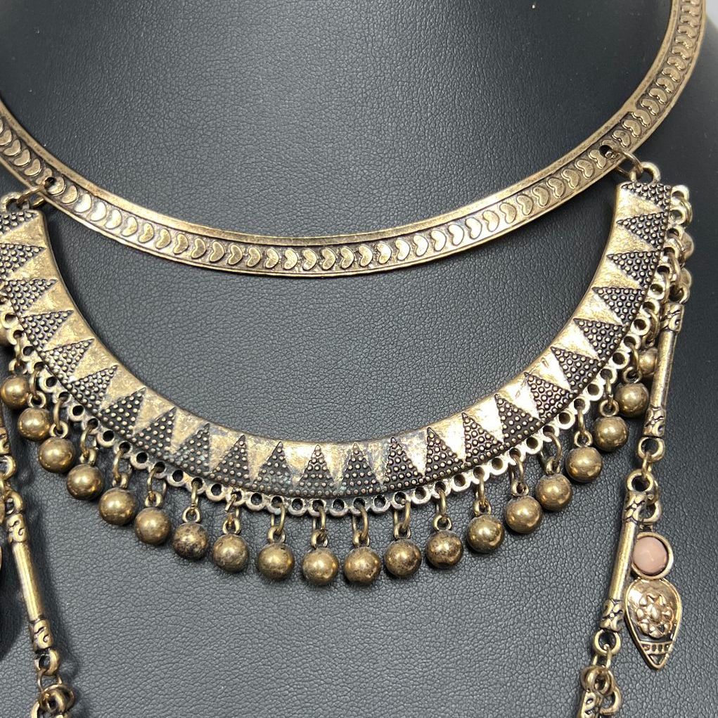 Vintage Style Layered Statement Necklace Brass Tone Boho Tribal Egyptian