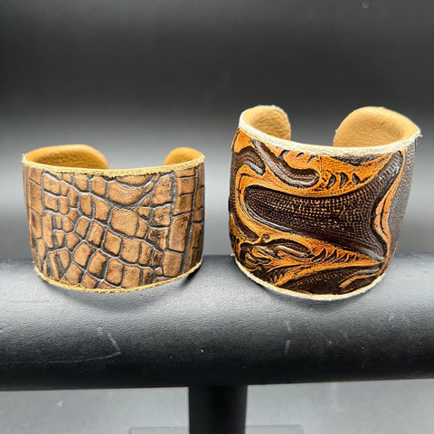 Annie Hammer Lot of 2 Tooled & Croc Embossed Leather Cuff Bracelets Signed