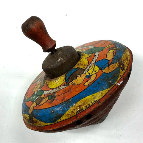 Vintage Toy Lot Fisher Price Music Box Teaching Clock & Tin Litho Spinning Tops