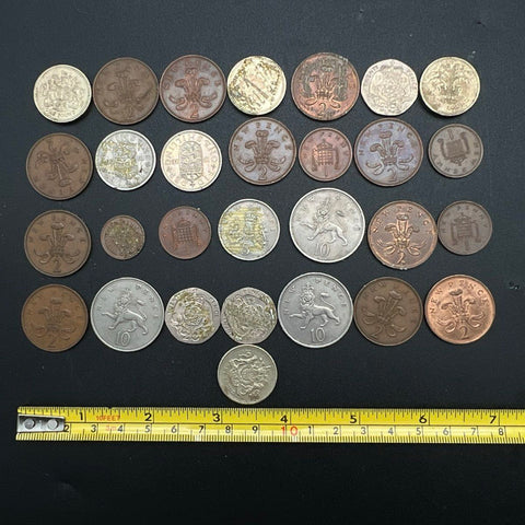 Vintage British Coin Lot 29 Pieces Mixed Denominations Elizabeth II Glue Residue