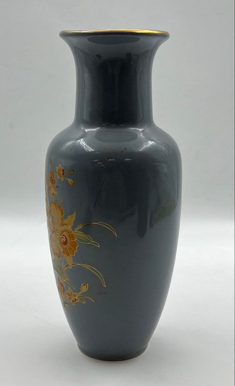 Vintage Grey Ceramic Vase Floral Motif Gold Rim 11.5 Inch Tall Mid Century Style