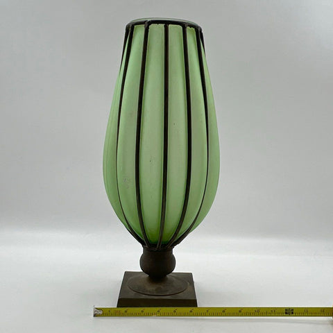 Vintage Green Satin Glass Caged Metal Frame Pedestal Vase 18 Inch Large