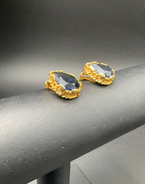 Vintage Alice Caviness Gold Tone Blue Glass Teardrop Clip Earrings Signed