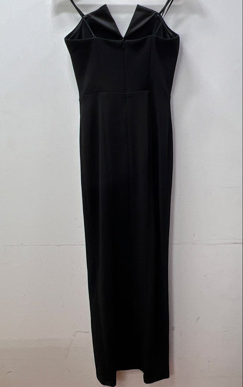 Betsy & Adam Women's Black Tuxedo V-Front Satin Lapel Maxi Dress Gown Sz 2 NWT