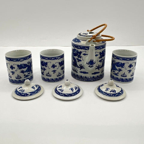 Vintage Chinese Blue & White Porcelain Dragon Tea Set Teapot 3 Lidded Mugs 8pc