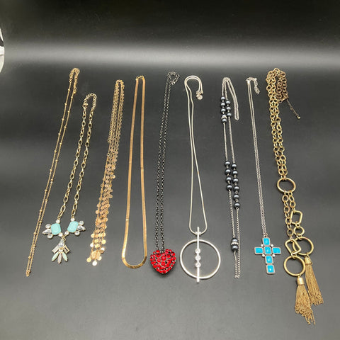 Mixed Fashion Costume Jewelry Lot 9 Necklaces Heart Cross Tassels 0.68 lbs