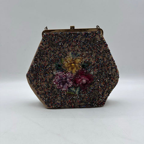 Vintage 1950s Soure Bag New York Tan Beaded Floral Lucite Handle Handbag Purse